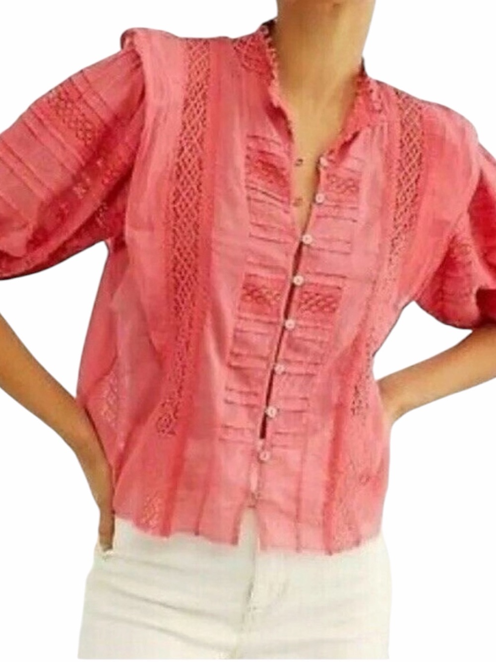 FREE PEOPLE FP ONE Crochet Puff Sleeve Top Size Large